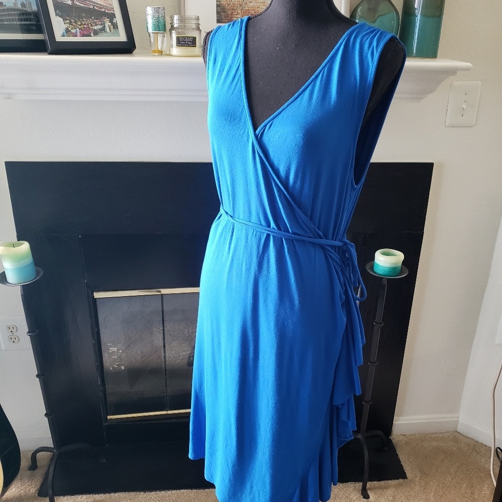 New York & Company Blue Faux Wrap V- Neck Dress